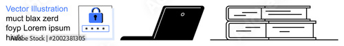 Data security, online education, digital library, knowledge sharing, cybersecurity, web authentication. A padlock with passwords, a laptop and stacked books. Data security and online education