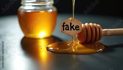 Liquid honey spills from a jar and dipper. A small hexagonal tag hangs, reading fake. This visual represents adulterated or counterfeit honey products, contrasting with pure, natural sweetness.