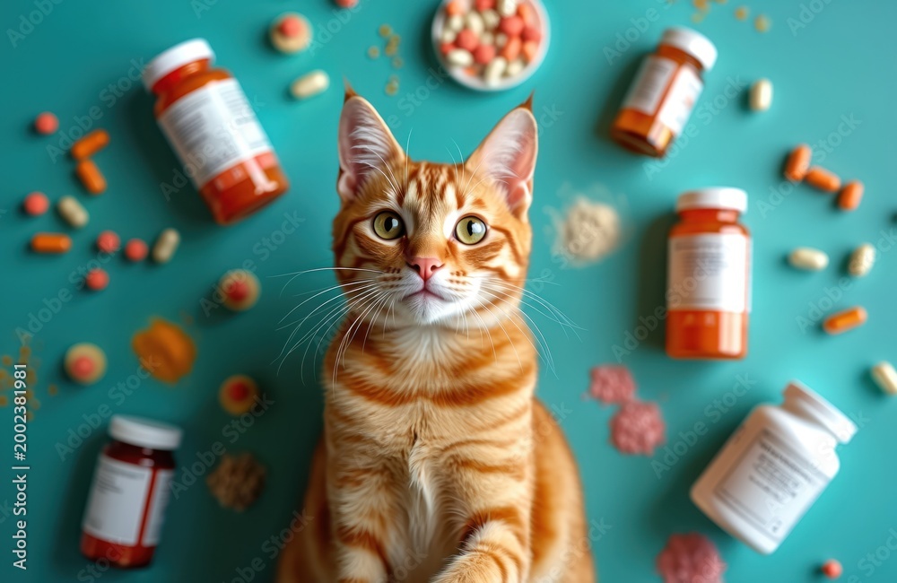 Obraz premium Orange cat sits among pet medications, vitamins, and supplements. Veterinary care theme, with bottles and pills scattered on teal background. Animal health and wellness.