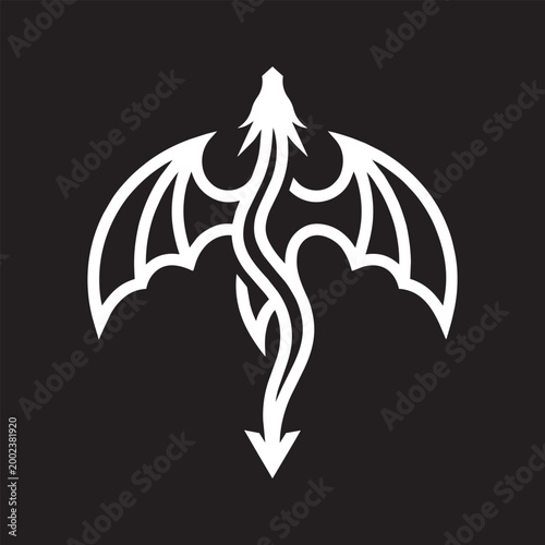 Minimalist white dragon symbol with symmetrical wings in clean line art style on black background