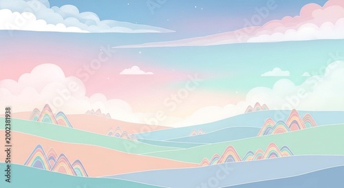 Dreamy pastel landscape, soft lines, gentle colors, fluffy clouds, rainbow mountains, minimalist