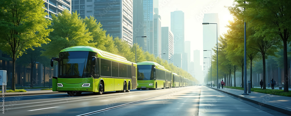 Obraz premium Modern electric buses line up on city street. Green vehicles drive on road past trees. Sustainable transit system for urban commute, clean city transport future.