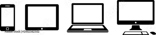 digital device screen icon set with phone tablet laptop and monitor on transparent background