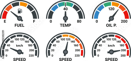 dashboard gauge icon set with speedometer fuel and temperature indicators on transparent background