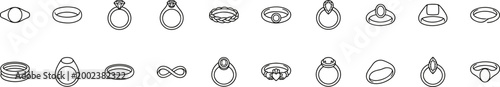 jewelry ring icon set with various band and engagement styles on transparent background
