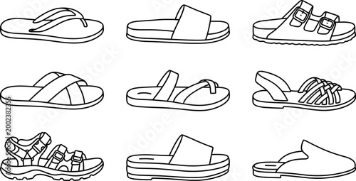 sandals footwear icon set with different summer slipper styles on transparent background