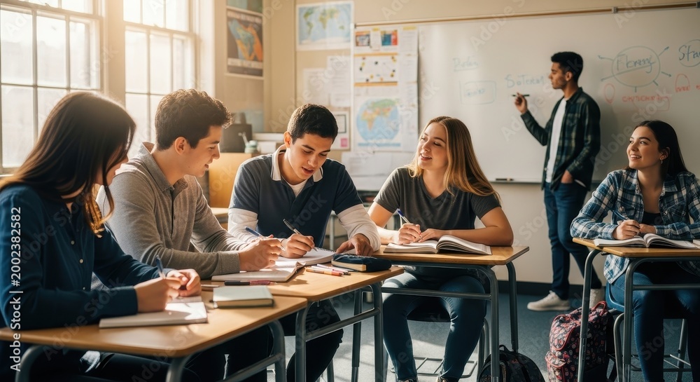 Obraz premium a group of students sitting at desks in a classroom with a teacher students sitting classroom settin