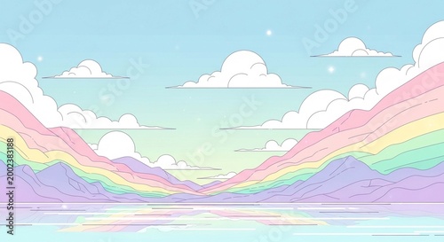 Dreamy pastel landscape, soft lines, gentle colors, fluffy clouds, rainbow mountains, minimalist
