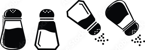 Salt and pepper shaker silhouettes and outline icons vector set of kitchen condiment bottles with Pouring salt and pepper grains