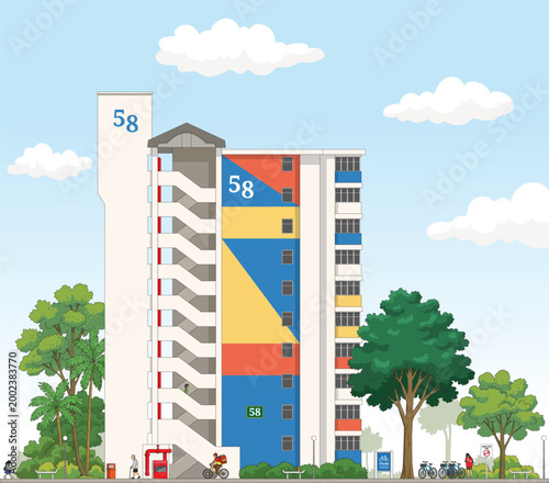 A Singapore public housing scene: a bright geometric mural in red, yellow, and blue adds vibrancy to the housing block, with stairwells, balconies, trees, bikes, and residents in motion.