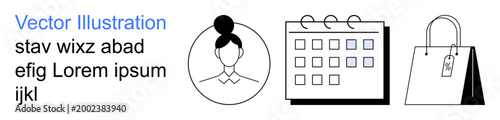 Business planning, personal organization, online appointments, retail shopping, lifestyle design, branding. Womans profile, calendar shopping bag icons in a minimal style. Business planning