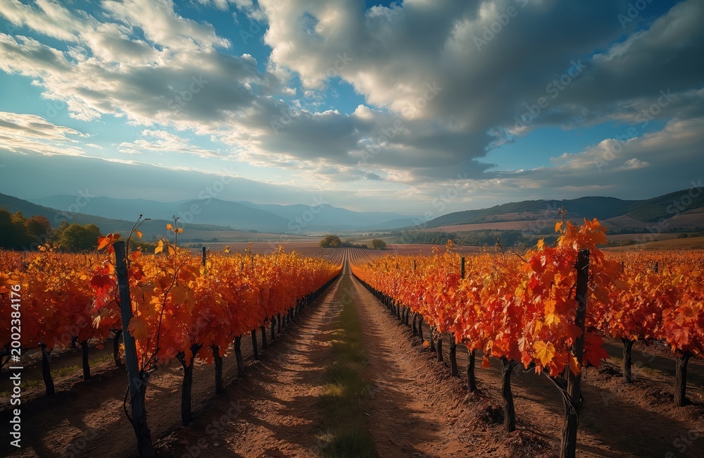 Naklejka premium Rows of orange leaf grape vines stretch towards distant hills under a dramatic sky. Autumn harvest season approaches in a picturesque rural countryside vineyard landscape.