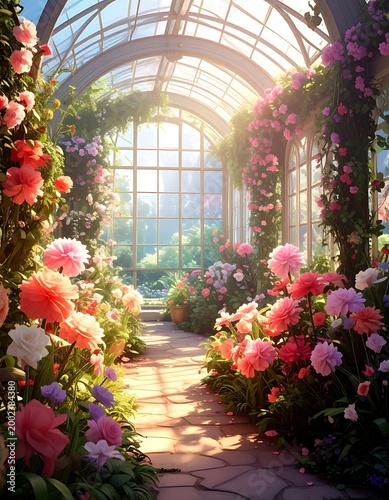 Lush greenhouse with flowers, arching glass roof, stone path, bright sunlight, and overgrown blooms