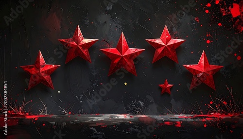 Five red stars adorn a textured gray wall, with smaller star, splattered with red ink, set in dramatic lighting