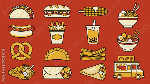 Vibrant Illustration Collection of Diverse Street Food and Beverages on Red Background
