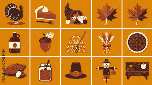Autumn harvest icons collection with festive holiday elements on sepia background