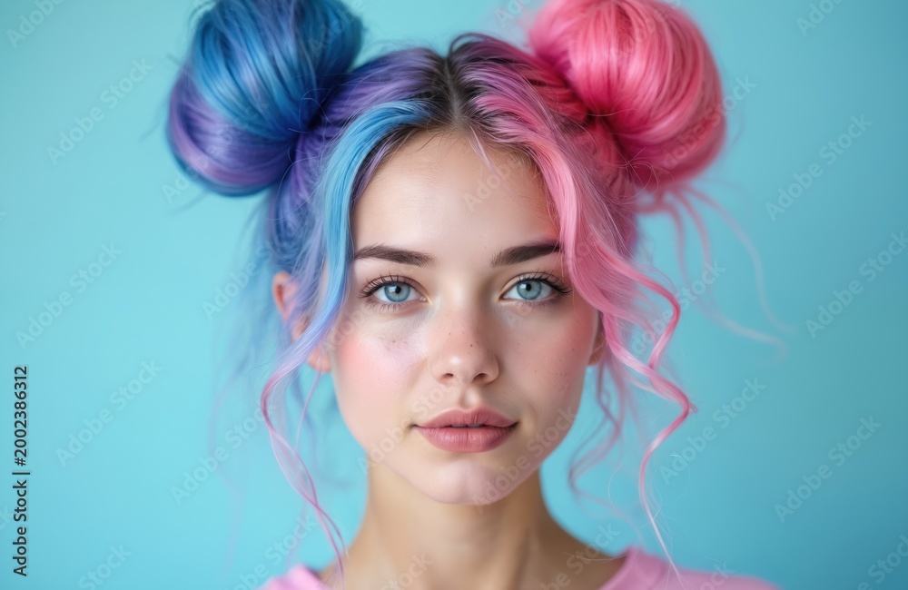Fototapeta premium Young woman with bright pink and blue hair styled in two buns. She has blue eyes and light skin. Her face is looking forward. Hair is dyed in pastel colors with wavy strands.