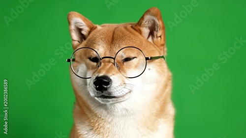 A cute Shiba Inu dog wearing round glasses with its eyes squinted against a vibrant green background.