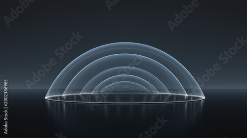 Multiple concentric transparent glass domes creating a minimalist and futuristic architectural or protective design on a dark surface.