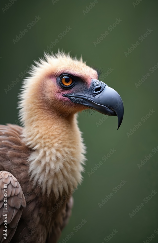 Fototapeta premium Close up profile portrait of vulture bird with sharp hooked beak, piercing orange eye. Light brown neck feathers, dark brown body plumage. Raptor looks intently forward against blurry green