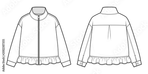 Ruffled Peplum Zip-Up Jacket Vector. Stand Collar Track Jacket Technical Fashion Flat
