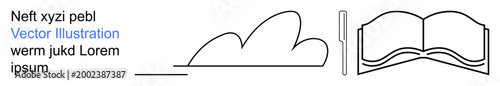 Education, creativity, writing tools, digital learning, knowledge expansion, modern teaching. Minimalist icons with a cloud, open book and pen. Education and creativity symbolism