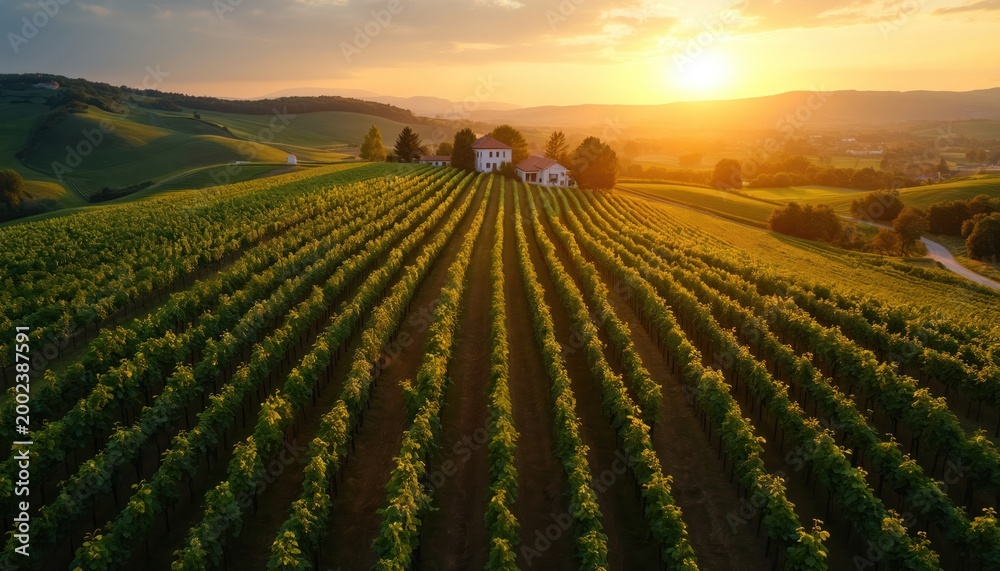 Fototapeta premium Aerial view of Croatian vineyard at sunset. Rolling green hills under warm golden sun. Rural landscape with rows of grapevines and farmhouses.