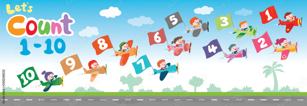Fototapeta premium Join the fun as kids fly through the sky counting from 1 to 10!