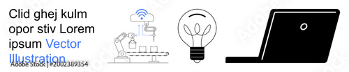 Automation, digital innovation, smart devices, technology, energy efficiency, industrial systems. Robot arm operating with wireless control, lightbulb and laptop. Automation and digital innovation