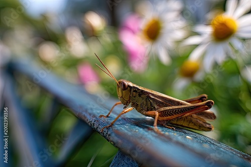 A detailed close-up captures a brown grasshopper perched on a weathered blue branch, surrounded by a soft-focused background of yellow and white daisies.