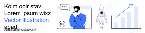 Business strategy, startup innovation, technology integration, market analysis, productivity, communication. Man thinking with chat bubble, rocket growth chart. Business strategy and startup