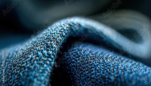 A close-up shot showcases the intricate texture and deep blue hues of folded denim fabric, highlighting its raw and tactile quality.