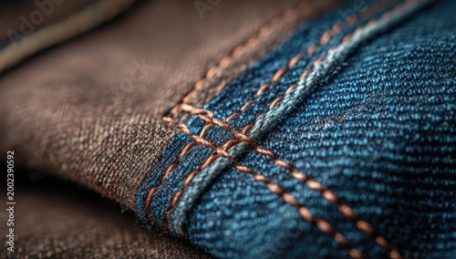 A close-up shot reveals the detailed stitching and textures of denim and leather.