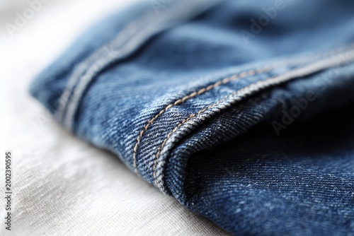 A close-up shot showcases the detailed stitching and texture of a pair of blue denim jeans resting on a white fabric surface, highlighting the craftsmanship and material.