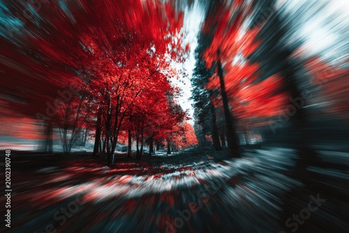 A vibrant, abstract landscape showcases a forest scene with striking red foliage contrasted against a blurred, grayscale background, creating a dynamic and artistic visual effect.
