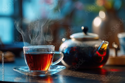 A steaming cup of tea sits beside a glass teapot, creating a warm and inviting atmosphere with a blurred background.
