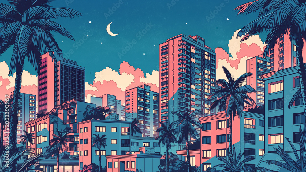 Naklejka premium 1980sシティポップの世界観を感じるレトロな都市風景とビル群が広がる夜景イラストで、ノスタルジックな空気と都会の魅力を表現した背景素材