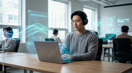 Neurodiverse person working in modern office with holographic data projections