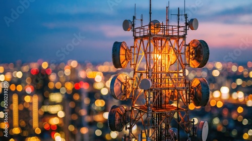 A telecommunications tower illuminated at dusk with a blurred cityscape in the background filled with colorful lights.