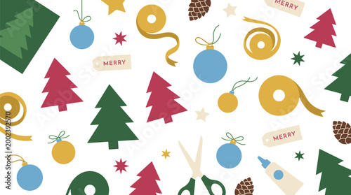 Christmas ornaments including pine cones and wrapped gifts are scattered across a white background with copy space.