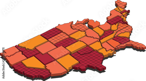 United States map displays a colorful three-dimensional representation of individual states with varying textures.