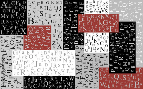  Letters. Abstract background. Seamless pattern. Cover design template, background, t-shirt, wrapping paper. Black letters on white, red and black background. Isolated. Vector illustration	