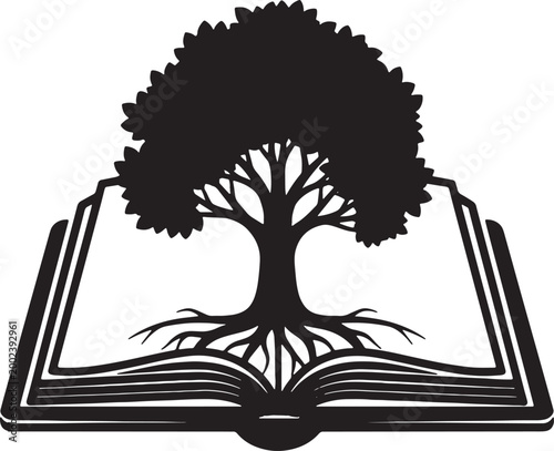 Tree of knowledge growing from open book pages silhouette educational concept symbol for library wisdom learning and academic study in minimalist flat black graphic design.