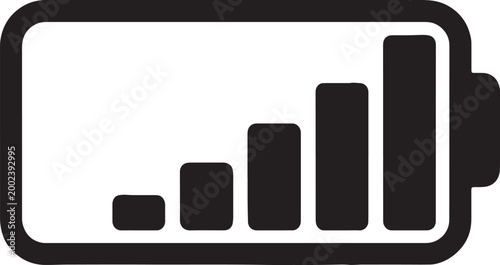 Battery charge indicator showing battery life and energy level in form of bars inside rectangular battery shape icon, technology concept for power and electricity.