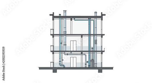 Architectural Cross-Section Diagram of a Multi-Story Building Showing Plumbing and HVAC Piping Systems