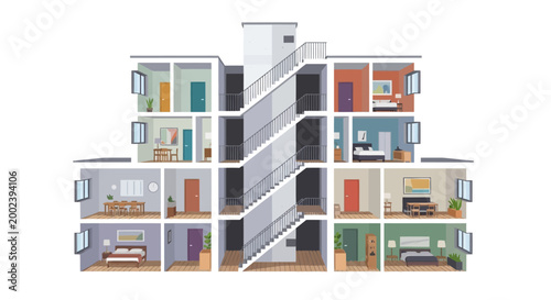 Modern Apartment Building Cross-Section Illustration with Interior Living Spaces, Bedrooms, and Central Staircase