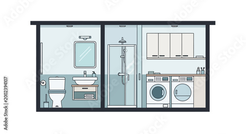 Modern Bathroom and Laundry Room Interior Cross-Section Illustration. Minimalist Flat Line Art Design of Home Utility Space with Washing Machine, Shower, and Toilet.