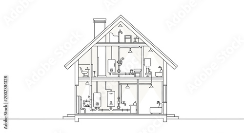 House Plumbing and Heating System Cross-Section Schematic Line Art Illustration