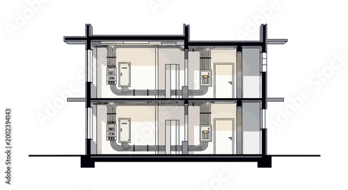 Technical Illustration of a Building Cross-Section Showing Electrical Infrastructure, Wiring, and Service Panels