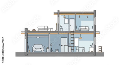 Modern Architectural Cross-Section of a Minimalist Two-Story House with Garage, Kitchen, and Living Areas